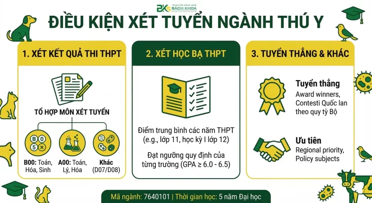 Bản đồ tóm tắt điều kiện xét tuyển ngành Thú y năm 2026 bao gồm tổ hợp môn thi THPT khối B00, A00 và phương thức xét học bạ.