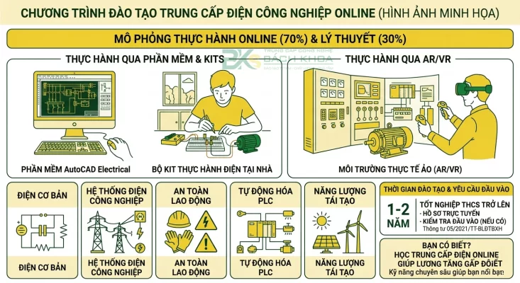 Học Trung Cấp Điện Công Nghiệp Online Là Gì? Hệ Đào Tạo Từ Xa 3 Mô phỏng phương pháp thực hành 70% và các môn học chính chương trình Trung cấp Điện công nghiệp online