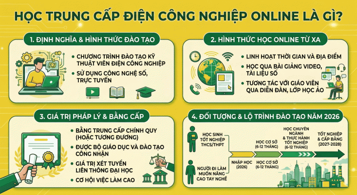 Học Trung Cấp Điện Công Nghiệp Online Là Gì? Hệ Đào Tạo Từ Xa 2 Infographic chi tiết về chương trình học Trung cấp Điện công nghiệp Online từ xa năm 2026, bao gồm định nghĩa, giá trị bằng cấp chính quy và lộ trình đào tạo cho học sinh, người đi làm.