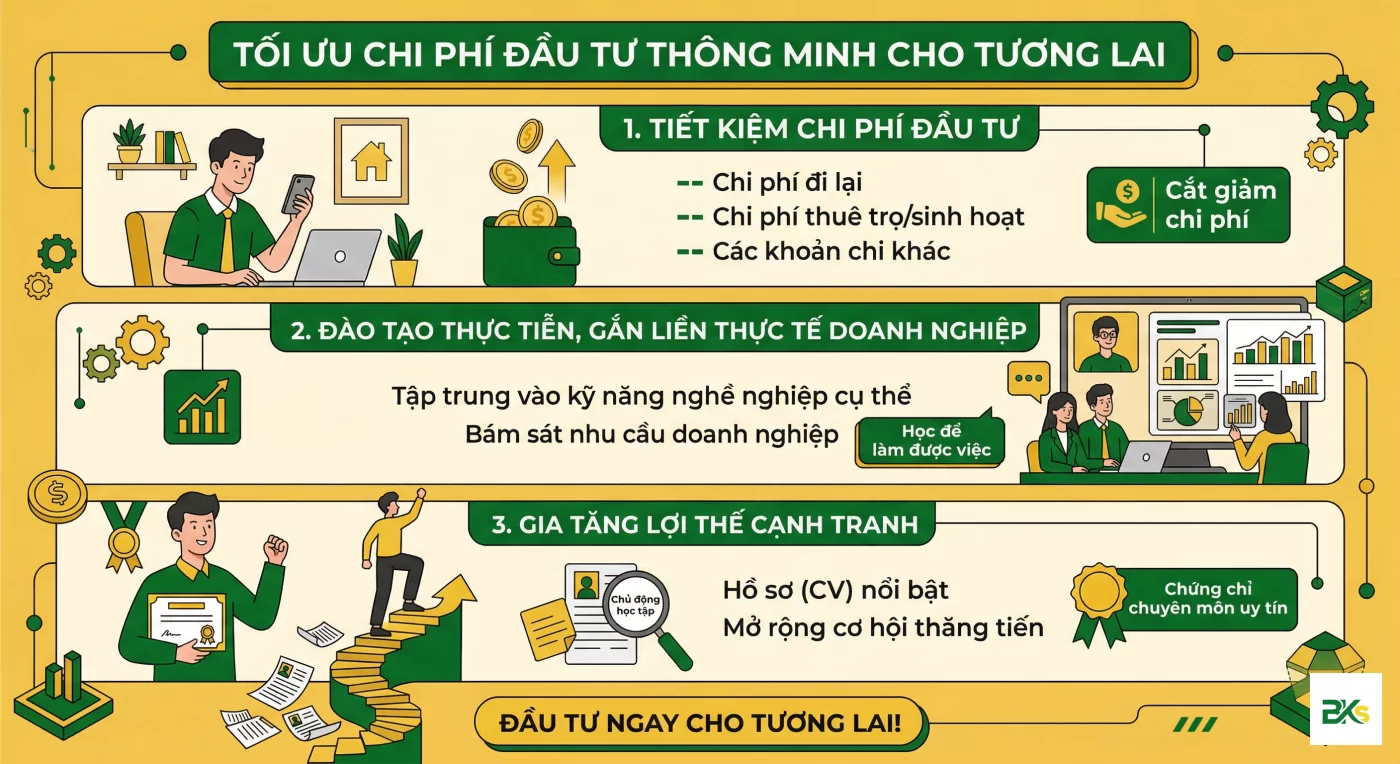 3 lý do hàng đầu bạn nên chọn học online cấp chứng chỉ: Tiết kiệm tối đa, Đào tạo thực tiễn, Gia tăng lợi thế cạnh tranh.