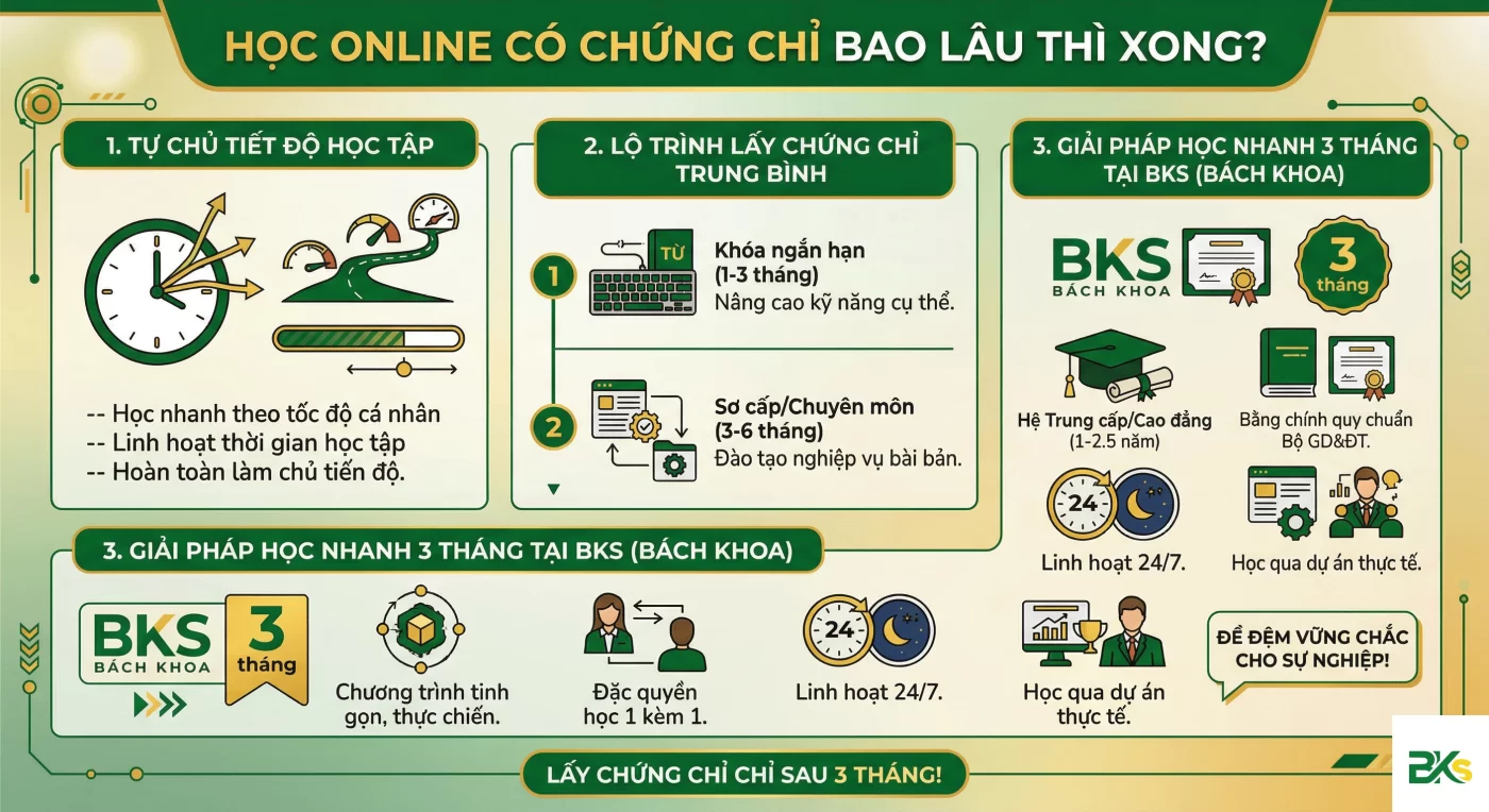 Chủ động tiến độ học tập nhận chứng chỉ uy tín chỉ từ 3 tháng cùng hệ thống e-learning BKS.