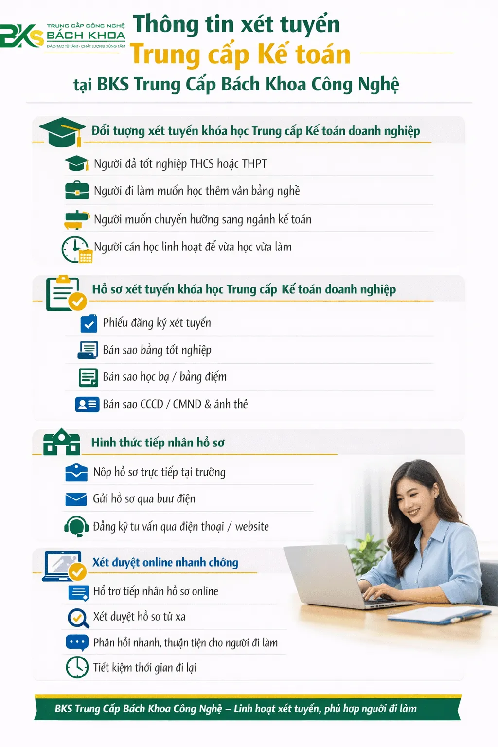 Học Trung Cấp Kế Toán Hệ Từ Xa Cho Người Đi Làm Lấy Bằng Chính Quy 5 Thông tin xét tuyển Trung cấp Kế toán tại BKS Trung Cấp Bách Khoa Công Nghệ dành cho người đi làm.