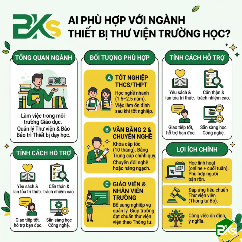 Ai phù hợp học Trung cấp Thư viện Thiết bị trường học? Dành cho học sinh THPT, học văn bằng 2 và nhân viên trường học.