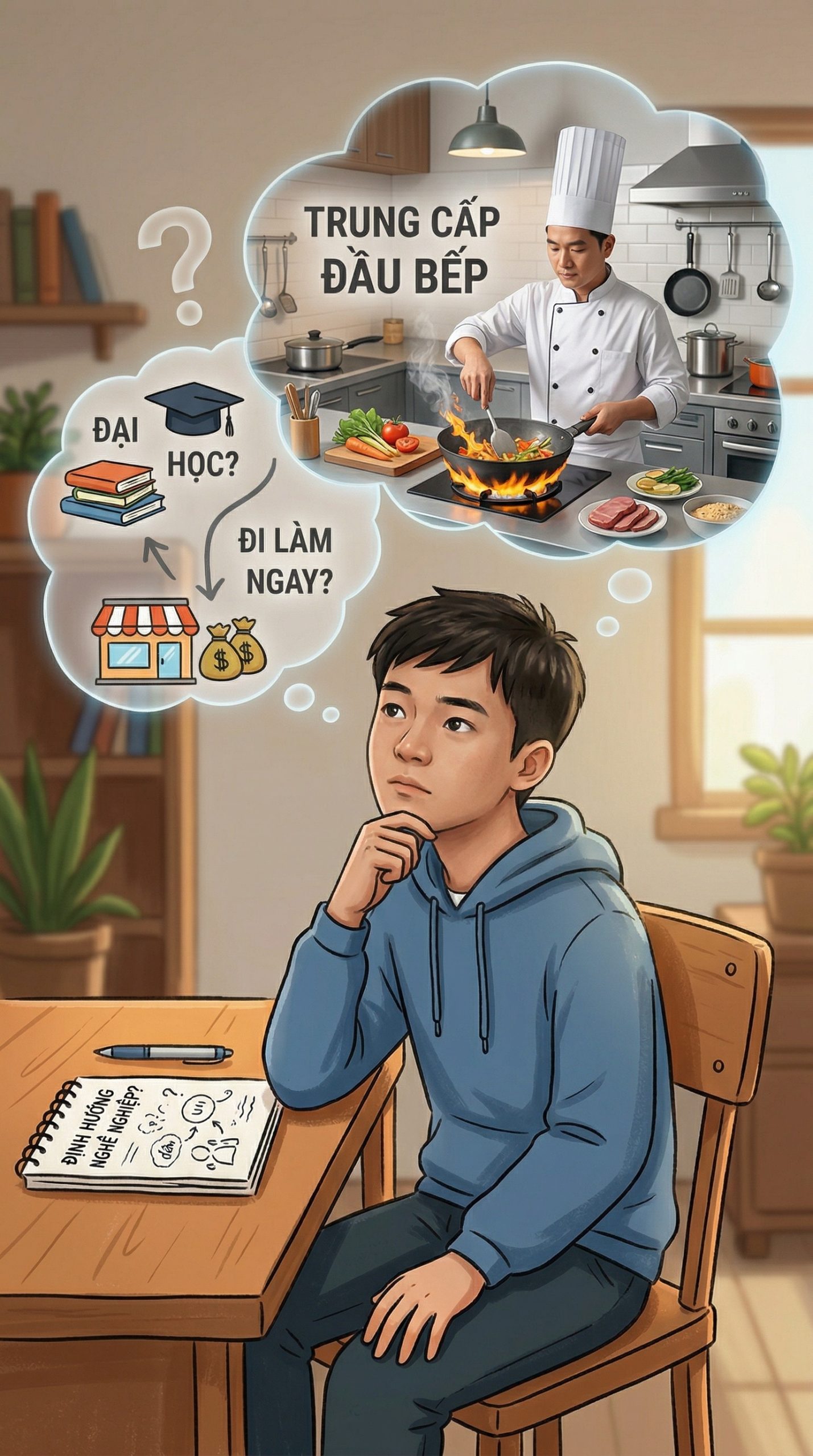 Trung Cấp Kỹ Thuật Chế Biến Món Ăn 2 Học sinh trẻ đang suy nghĩ về định hướng nghề nghiệp và băn khoăn về con đường học nghề đầu bếp