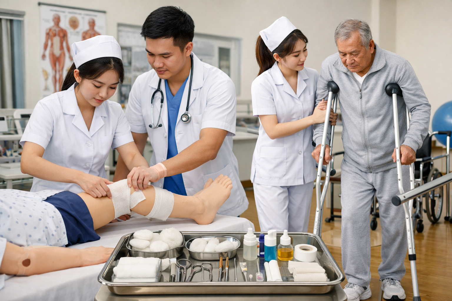 Sinh viên thực hành kỹ thuật điều dưỡng và cấp cứu ban đầu tại phòng lab