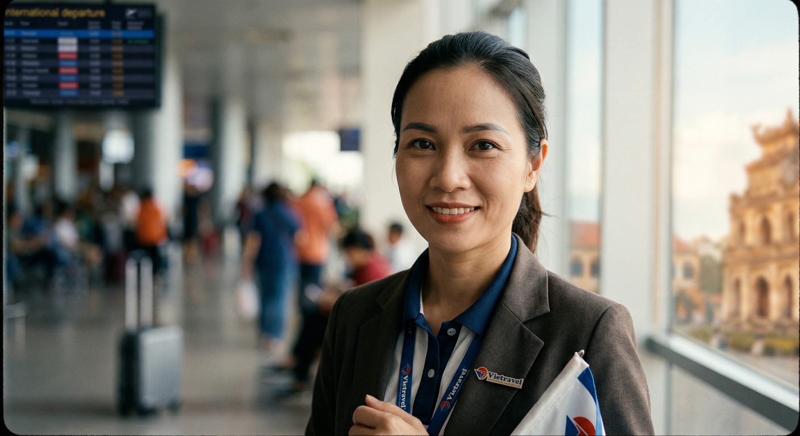 Chị Hương đang hướng dẫn đoàn khách tại phố cổ Hà Nội
