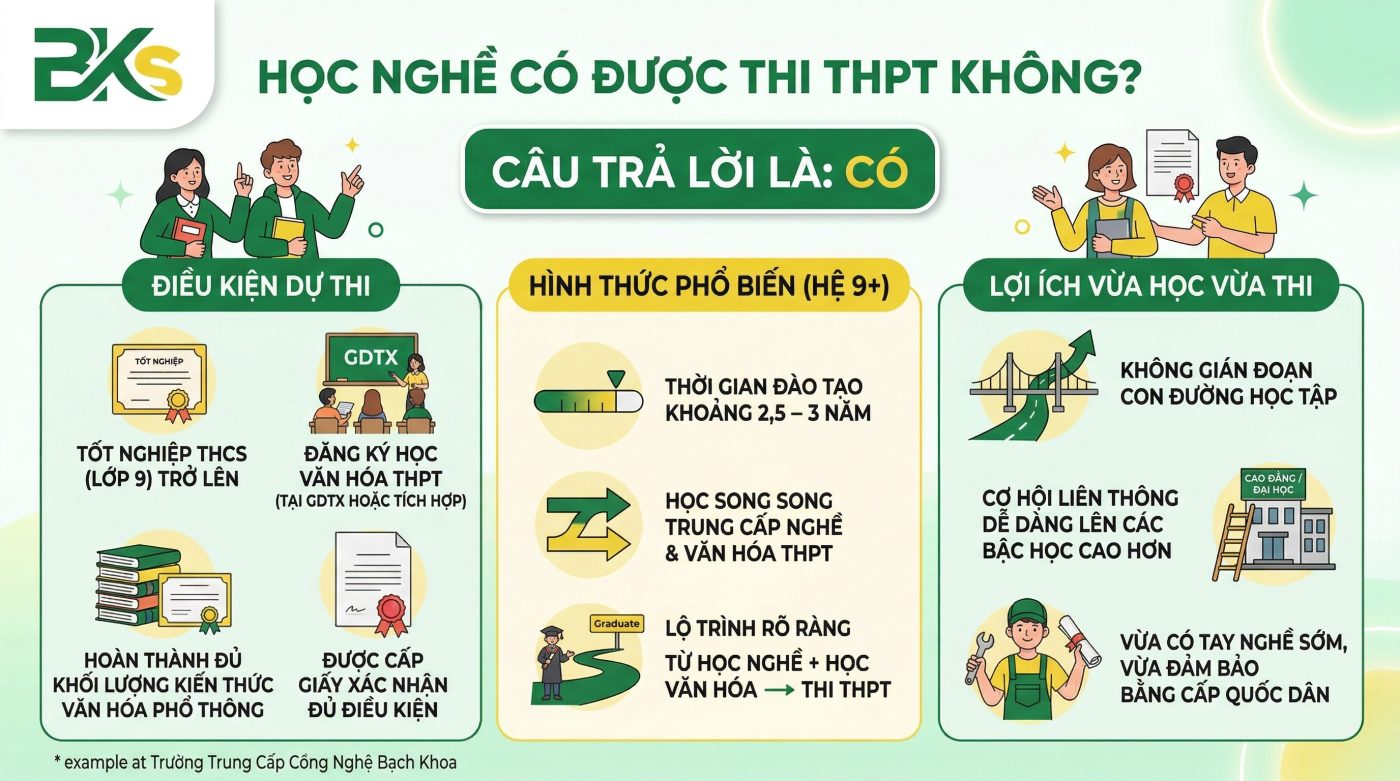 Học Trường Nghề Có Bằng Cấp 3 Không? Giải Đáp Mới Nhất 2026 3 Infographic giải đáp 'Học nghề có được thi THPT không?' - Câu trả lời 'CÓ' với lộ trình Hệ 9+.
