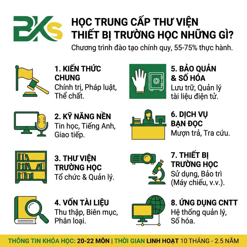 Infographic chương trình Trung cấp Thư viện Thiết bị trường học.