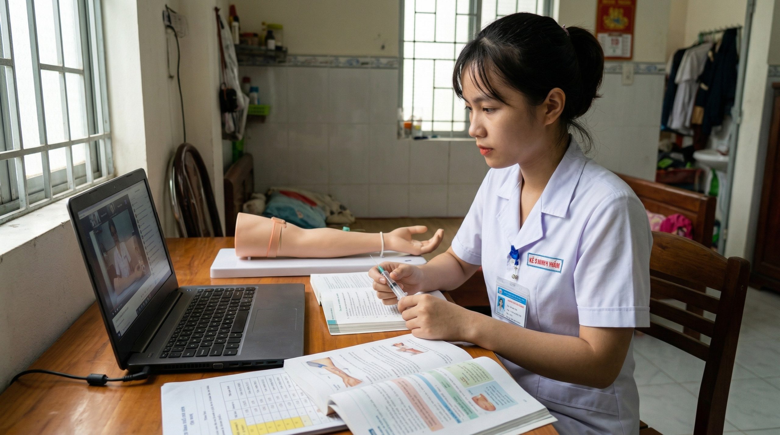 Học viên học trung cấp điều dưỡng từ xa trên máy tính