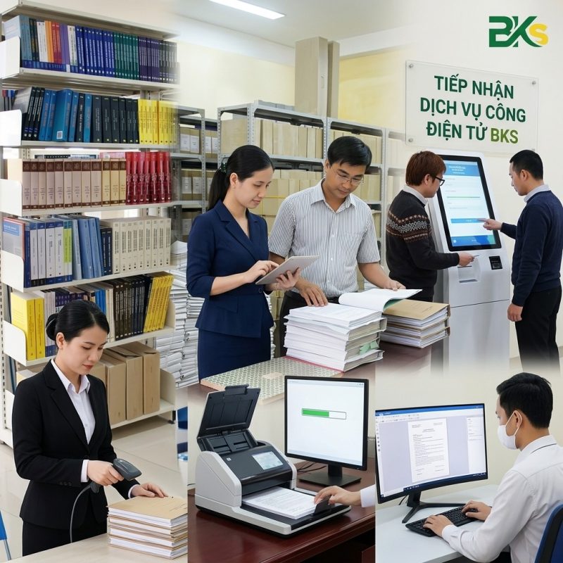 Tổng quan môi trường làm việc chuyên nghiệp, hiện đại của nhân viên văn thư hành chính, kết hợp giữa quản lý hồ sơ giấy và dịch vụ công điện tử.