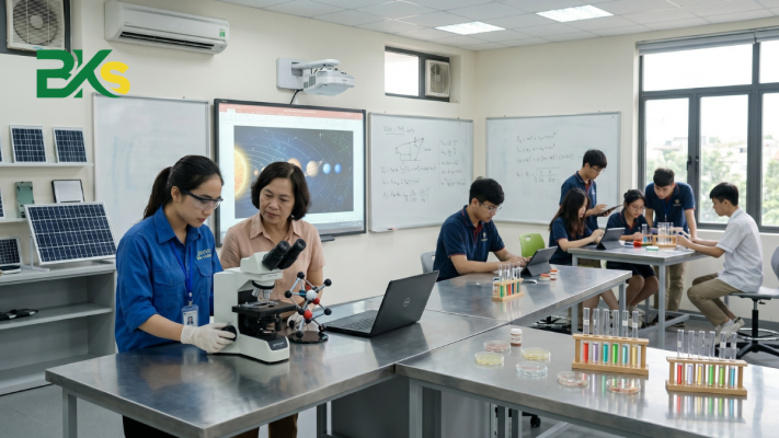 Không gian phòng thí nghiệm năng động với nhân viên đang kiểm tra kỹ thuật kính hiển vi và các bộ dụng cụ thực hành.