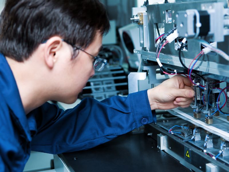 Kỹ thuật viên điện tử đang làm việc tại nhà máy
