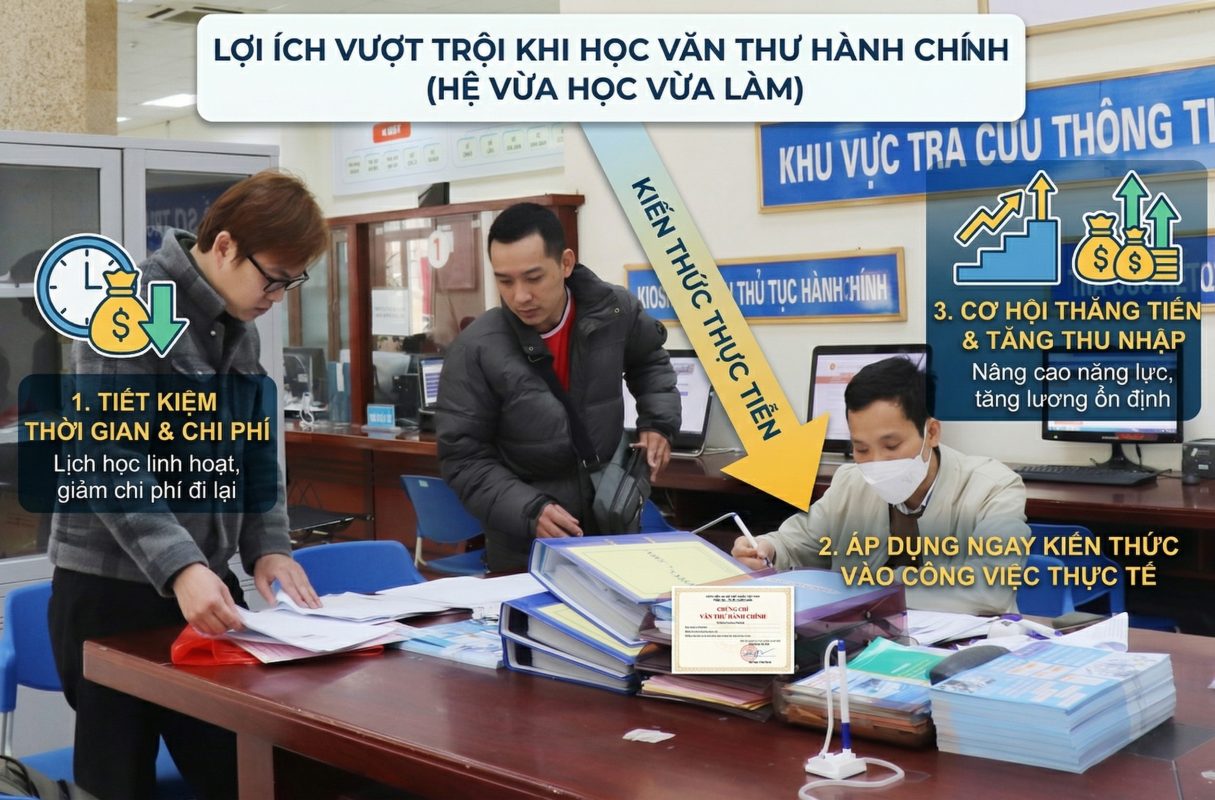 Lợi ích vượt trội khi học văn thư hành chính hệ vừa học vừa làm tiết kiệm thời gian chi phí, áp dụng thực tế, và cơ hội thăng tiến thu nhập.
