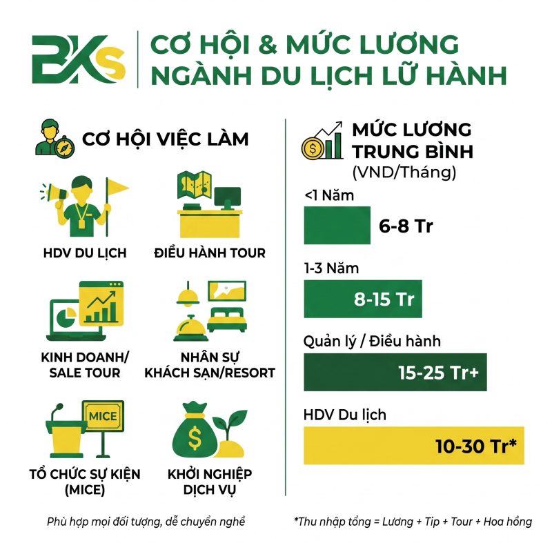 Bảng tổng hợp cơ hội việc làm và mức lương ngành quản trị du lịch lữ hành theo tông tin tại trường BKS.