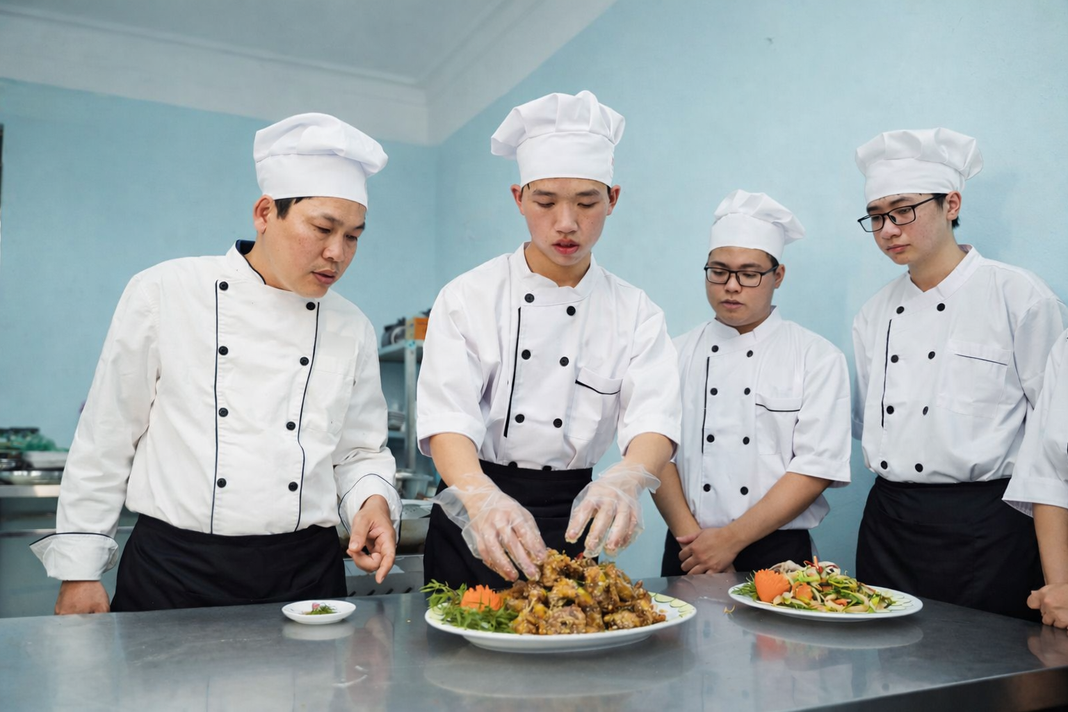 Trung Cấp Kỹ Thuật Chế Biến Món Ăn 16 Học viên BKS thực hành kỹ thuật chế biến món ăn