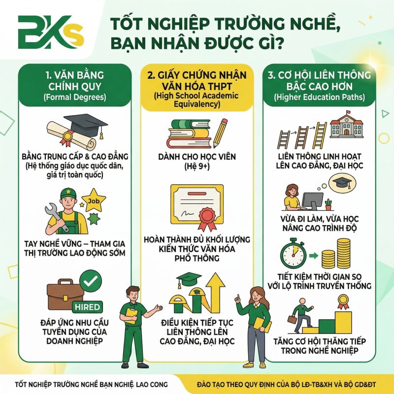 Học Trường Nghề Có Bằng Cấp 3 Không? Giải Đáp Mới Nhất 2026 5 Tốt nghiệp trường nghề sở hữu bằng chính quy, hoàn thành văn hóa THPT và tự tin liên thông Đại học.