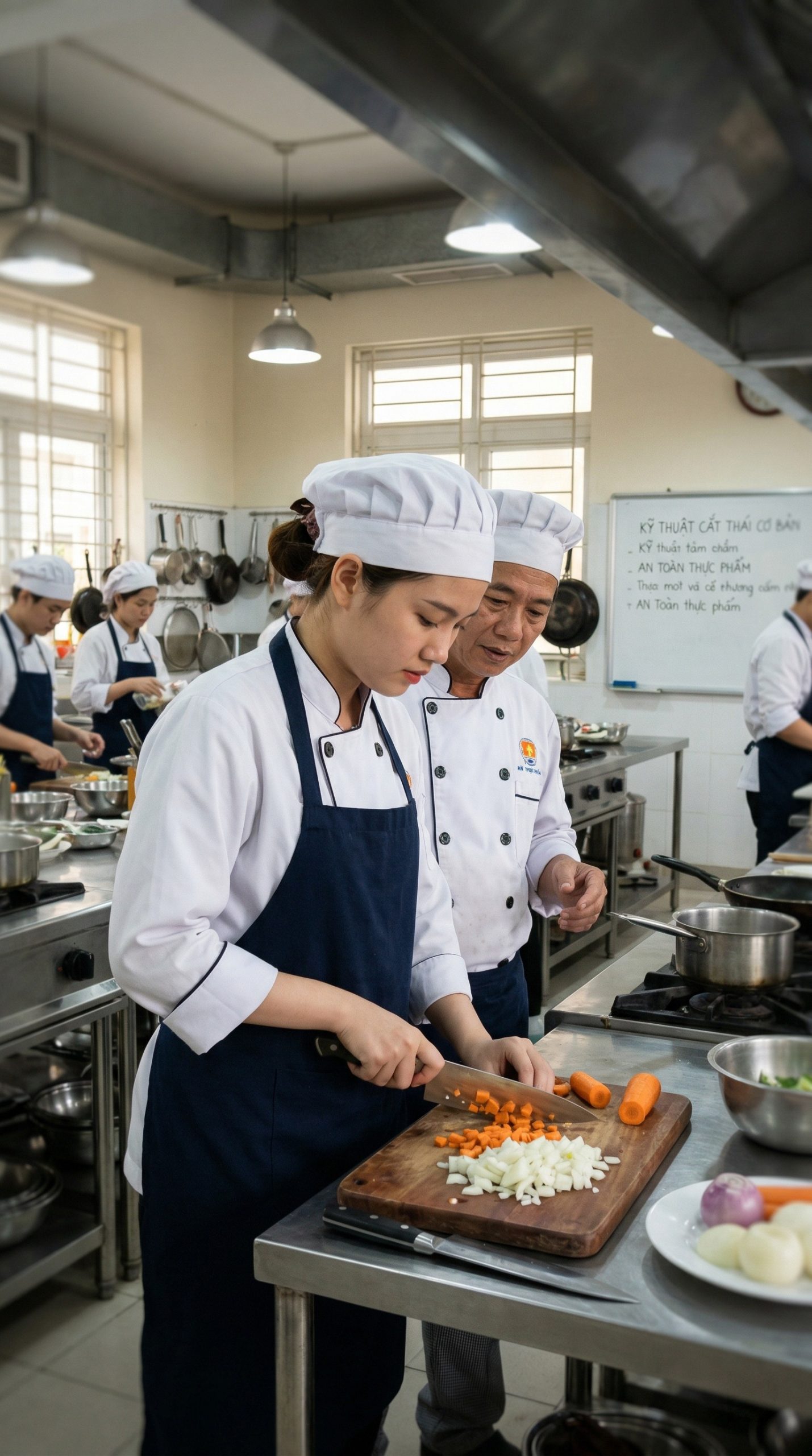 Trung Cấp Kỹ Thuật Chế Biến Món Ăn 3 Học viên trung cấp chế biến món ăn đang thực hành nấu ăn chuyên nghiệp trong bếp chuẩn nhà hàng khách sạn