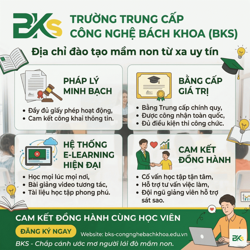 Trường Trung cấp Công nghệ Bách Khoa (BKS) - Địa chỉ đào tạo mầm non từ xa uy tín với pháp lý minh bạch, bằng cấp giá trị và hệ thống E-learning hiện đại.