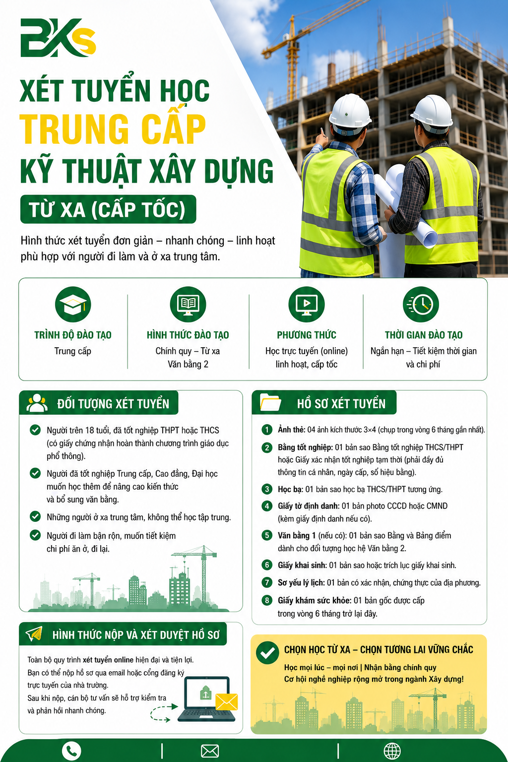 Với phương thức xét tuyển học bạ và phê duyệt hồ sơ trực tuyến, đây là cơ hội vàng để những người đang công tác trong ngành xây dựng sớm sở hữu tấm bằng chính quy, hợp thức hóa hồ sơ năng lực và tự tin hơn trong các dự án sắp tới.