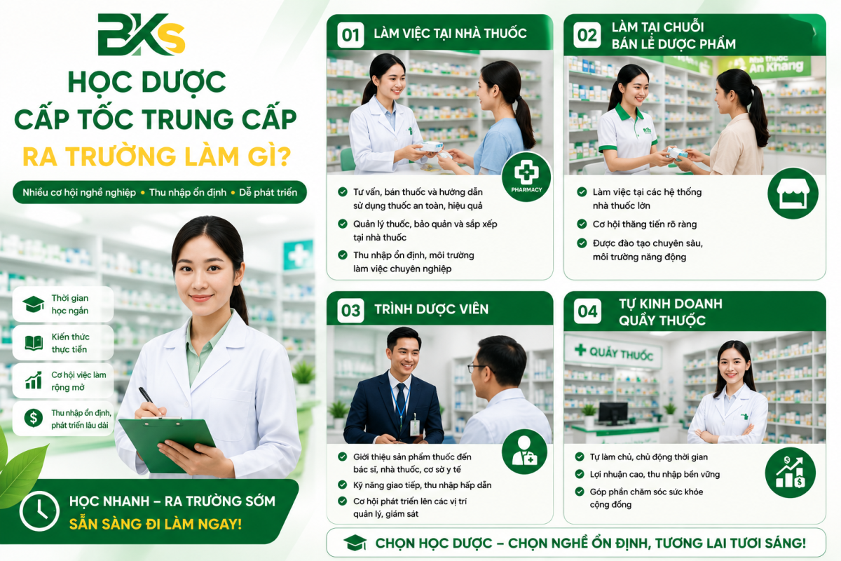 Việc tự kinh doanh giúp người học chủ động hơn về thu nhập, xây dựng thương hiệu cá nhân và phát triển hoạt động kinh doanh trong lĩnh vực dược phẩm.