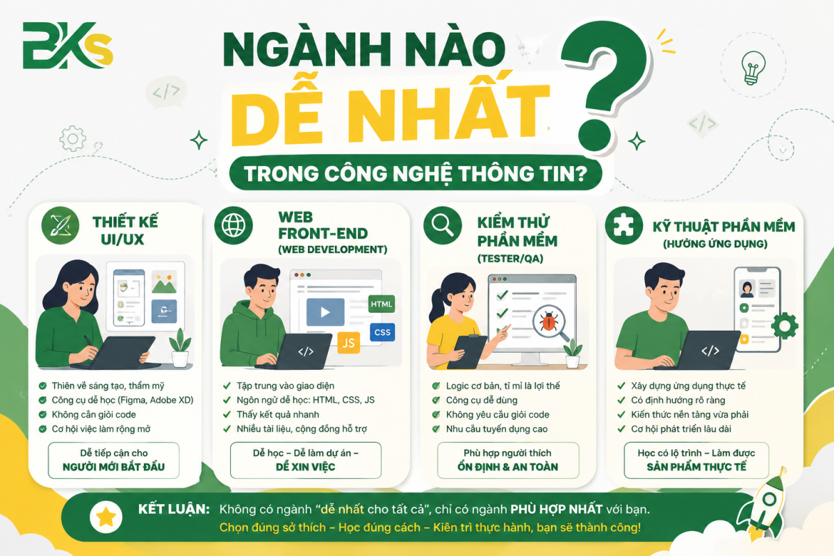 Giải Đáp Nên Học Chuyên Ngành Nào Của Công Nghệ Thông Tin Năm Nay? 11 Một điều khá thú vị ngành “dễ học” chưa chắc “dễ kiếm việc” hoặc “lương cao nhất” nhiều người chọn Front-end vì dễ bắt đầu, sau đó phát triển sang Full-stack, AI hoặc Cloud. Nếu bạn đang chọn ngành để học thật, mình có thể xếp dễ → khó + lương + cơ hội việc làm trong một bảng thực tế hơn.