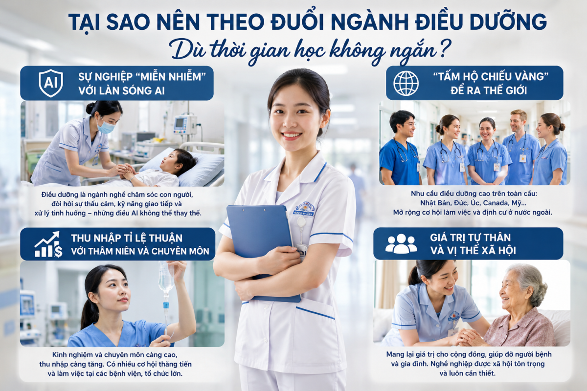 Ngành Điều dưỡng mang lại cơ hội việc làm ổn định, thu nhập tốt và tiềm năng phát triển lâu dài trong lĩnh vực y tế.
