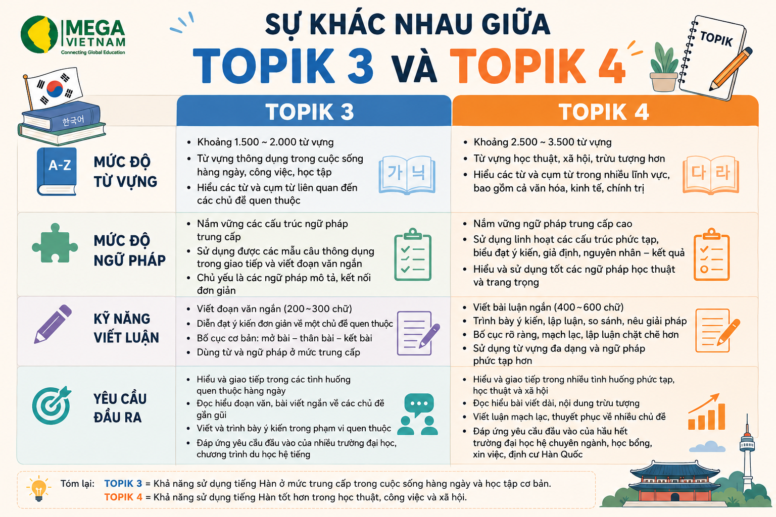 Sự khác nhau giữa TOPIK 3 và TOPIK 4 về vốn từ vựng, ngữ pháp, kỹ năng viết luận và yêu cầu đầu ra tiếng Hàn.